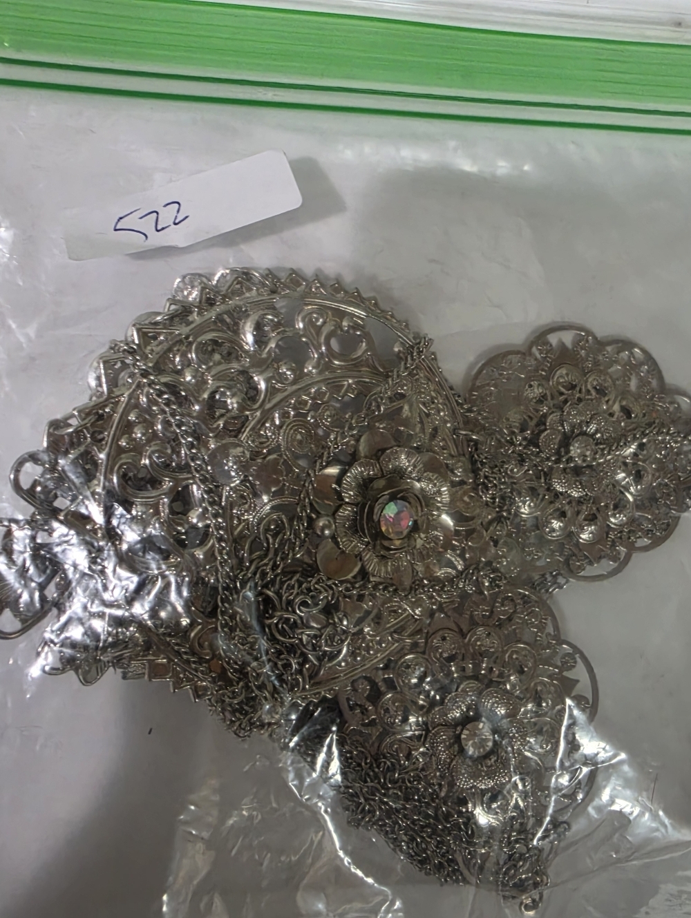 TRUE VINTAGE Silver VICTORIAN Floral Filigree Statement Necklace W AB crystals - Picture 10 of 10